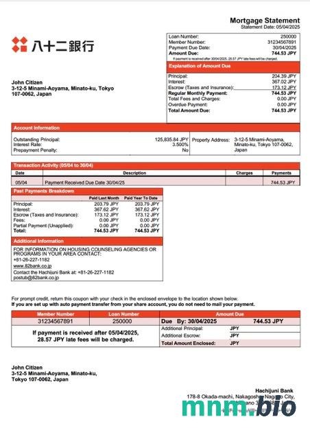 Japonia Bank Hachijuni wyciąg z kredytu hipotecznego szablon Word i PDF